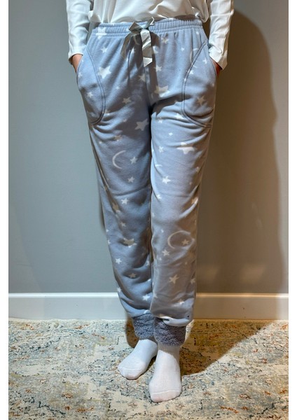Kadın Polar Manşetli Pijama Tek Alt Yıldız 130 Gri