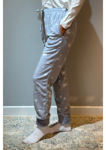 Kadın Polar Manşetli Pijama Tek Alt Yıldız 130 Gri