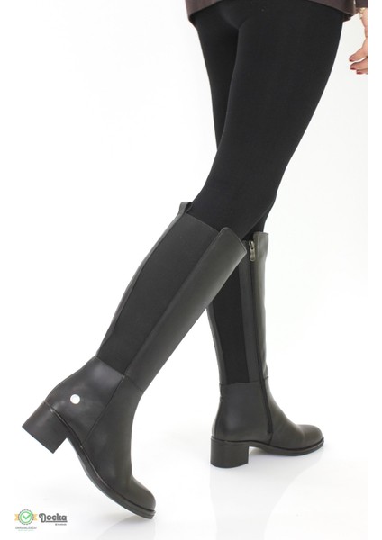 Kadın Deri Lastik Detaylı Alçak Kalın Topuklu Çizme M25/KC5035