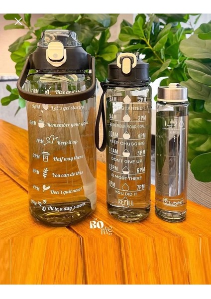 3 Lü Set Şeffaf Su Matarası Şişesi Suluk 2 Lt 900ML 600ML Spor Salonu Su Şişesi Çizelgeli
