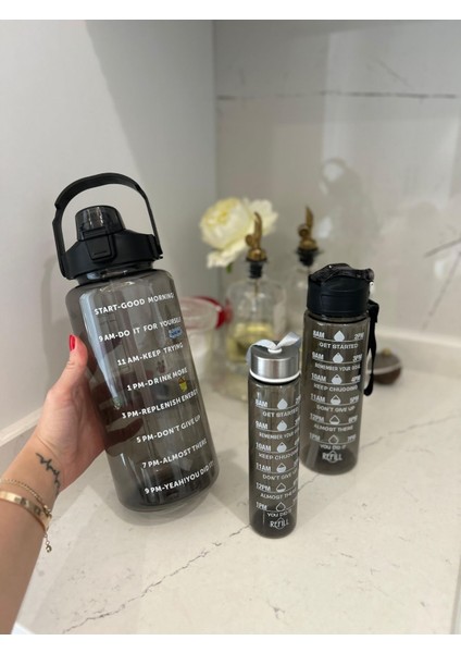 3 Lü Set Şeffaf Su Matarası Şişesi Suluk 2 Lt 900ML 600ML Spor Salonu Su Şişesi Çizelgeli