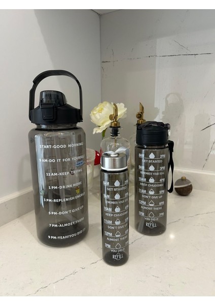3 Lü Set Şeffaf Su Matarası Şişesi Suluk 2 Lt 900ML 600ML Spor Salonu Su Şişesi Çizelgeli