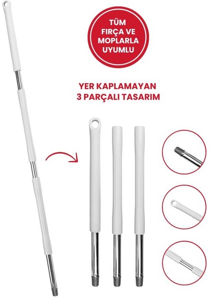 Tüm Vidalı Fırça ve Temizlik Gereçleriyle Uyumlu Mop Sapı, 3 Parçalı, Ayrılabilir, Çok Amaçlı Beyaz