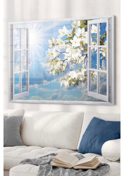 Pencere ve Beyaz Çiçekler | Manzara Temalı Cam Tablo | 50 x 70 cm