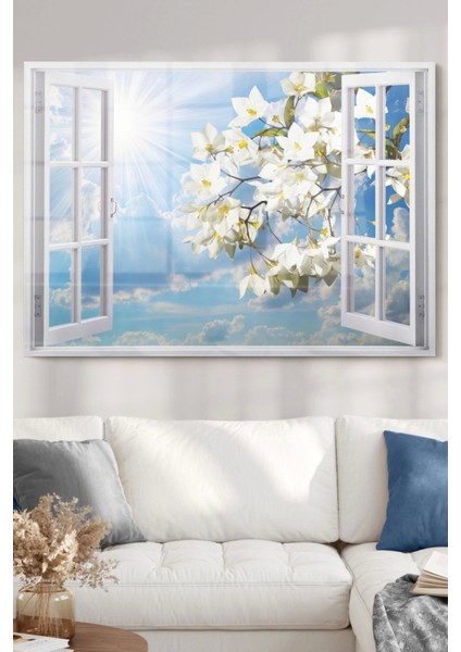 Pencere ve Beyaz Çiçekler | Manzara Temalı Cam Tablo | 50 x 70 cm