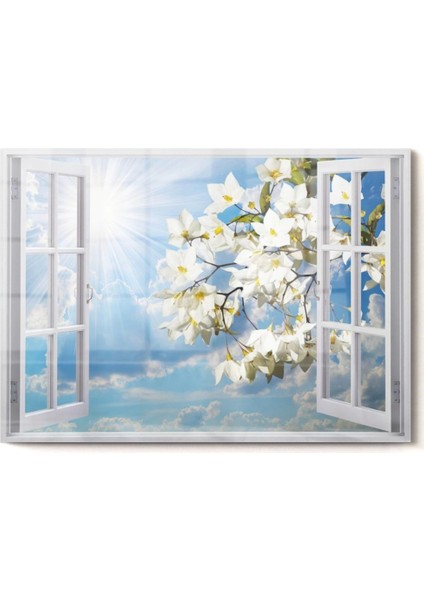 Pencere ve Beyaz Çiçekler | Manzara Temalı Cam Tablo | 50 x 70 cm
