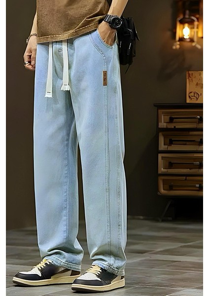 Reax Streetwear Beli Lastikli Ipli Düz Paça Rahat Kesim Erkek Jean Pantolon
