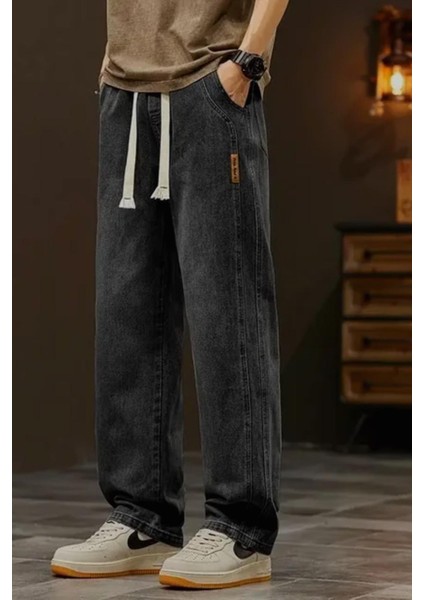 Reax Streetwear Beli Lastikli Ipli Düz Paça Rahat Kesim Erkek Jean Pantolon