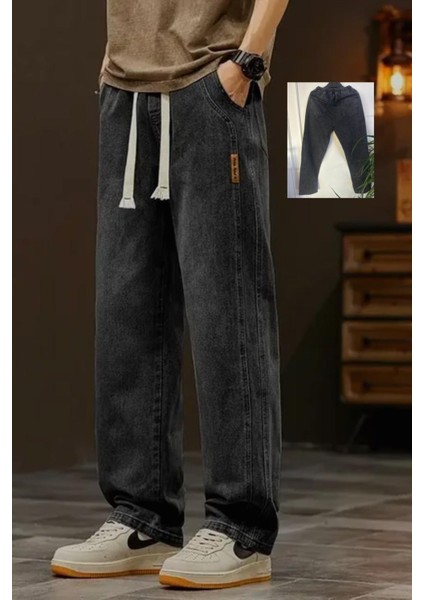 Reax Streetwear Beli Lastikli Ipli Düz Paça Rahat Kesim Erkek Jean Pantolon