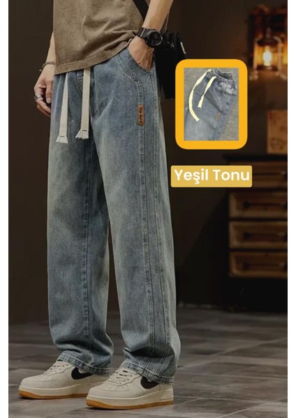 Reax Streetwear Beli Lastikli Ipli Düz Paça Rahat Kesim Erkek Jean Pantolon