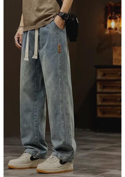 Reax Streetwear Beli Lastikli Ipli Düz Paça Rahat Kesim Erkek Jean Pantolon