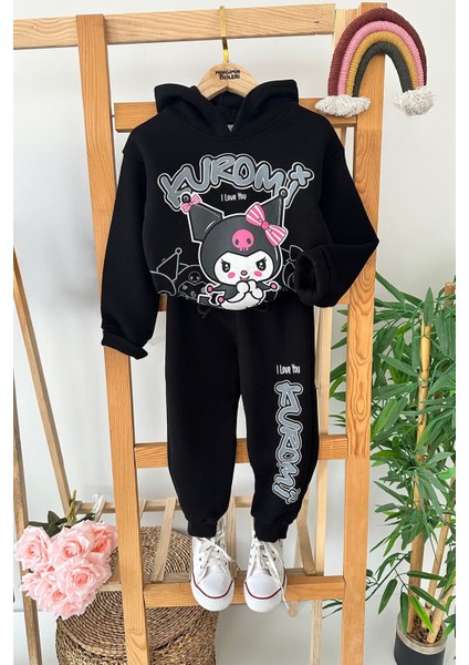 Crm Desenli Kapüşonlu Kız Çocuk 2 li takım - Siyah