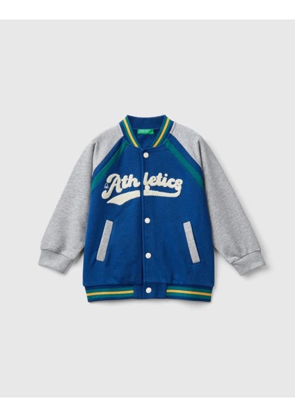 Erkek Çocuk Saks Mavi Kontrast Detaylı Önü Çıtçıt Kapamalı Reglan Kol Bomber Sweatshirt