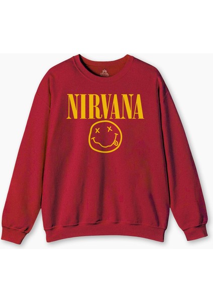 Kırmızı Bisiklet Yaka Sweatshirt Nirvana Müzik Grubu Logo Music Baskılı Sweat