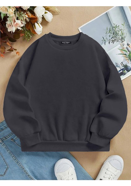 Oversize Bisiklet Yaka Basic Düz Sweatshirt - Füme