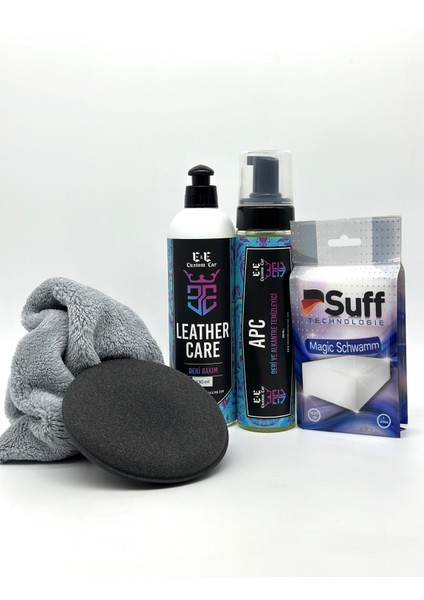 E&e Custom Car Deri Temizleme ve Bakım Seti (Apc 250 ml ve Leather Care 300 Ml, Suff Sihirli Sünger, Mikrofiber Bez)