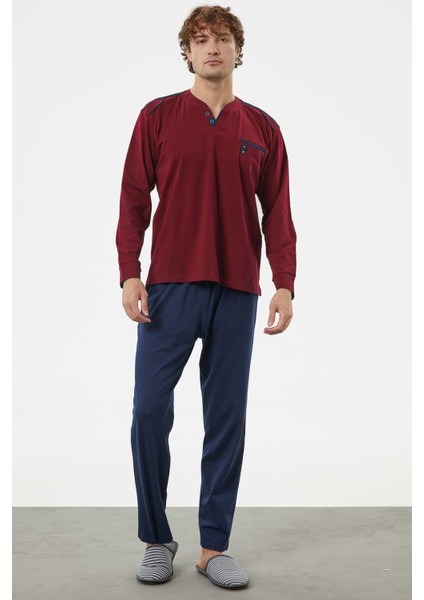 Hakim Yaka Cepli Pijama Takım - Bordo