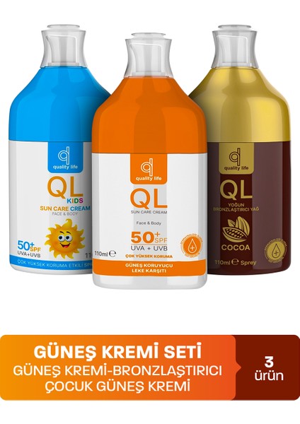 Ql 50 Faktör Güneş Kremi Seti ( Güneş Kremi , Bebek Güneş Kremi, Bronzlaştırıcı Yağ ) 3 Güneş Ürünü