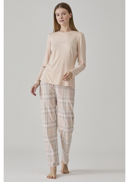 W25027 Kadın Pudra Ekose Desenli Pijama Takımı