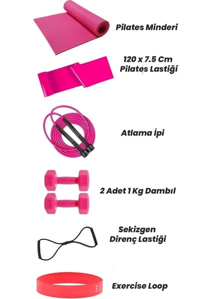 Pembe Pilates Minderi ve Lastiği Seti, 2'li Dambıl ve Atlama İpi, Sekizgen Lastik, Aerobik Bant fiyatları