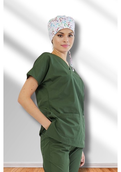 Likralı Süper Viskon Yarasa Kol Haki Hemşire Üniforma Tek Üst