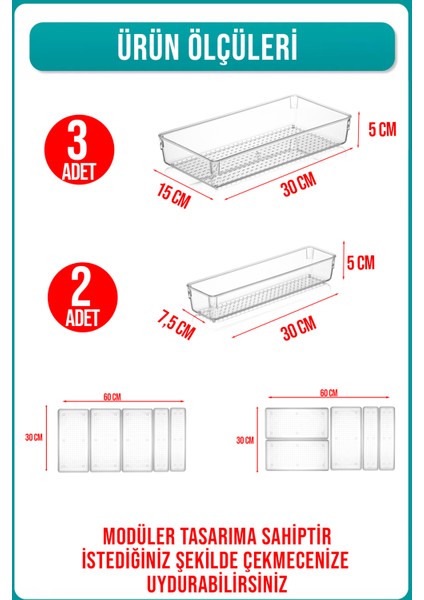 5 Parça Modüler Kepçelik Organizer Şeffaf Çekmece Içi Düzenleyici