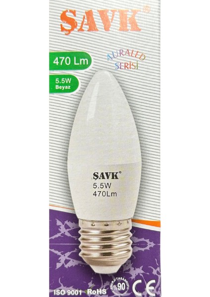 5.5W (40W) 6000K (Beyaz Işık) E27 Duylu LED Mum Ampul