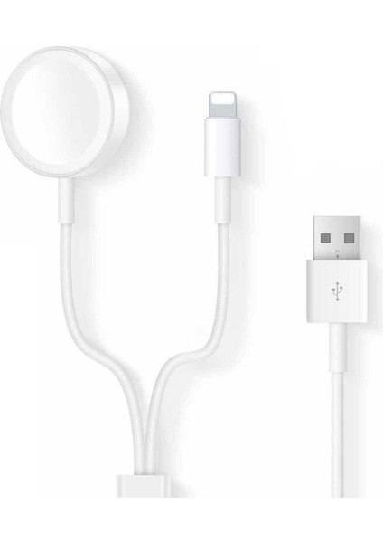 Apple Watch Series 10 42MM/46 mm ile Uyumlu Manyetik Lightning+Usb Şarj Kablosu 1.2m 2in1 Beyaz AL2363