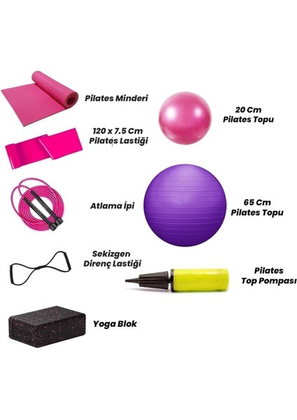 Pilates ve yoga seti: mat, lastik, atlama ipi, blok, top, renk: pembe fiyatları