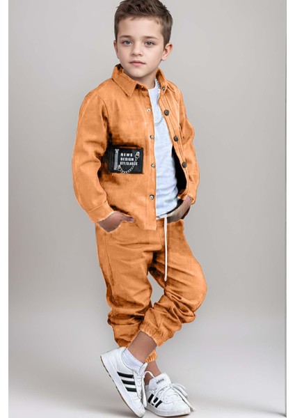 Erkek Çocuk Cıtcıt Düğme Detaylı Gömlek Yaka Ceket Penye Tişört Taba Eşofman Takım