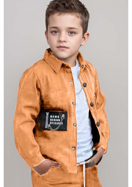 Erkek Çocuk Cıtcıt Düğme Detaylı Gömlek Yaka Ceket Penye Tişört Taba Eşofman Takım modelleri