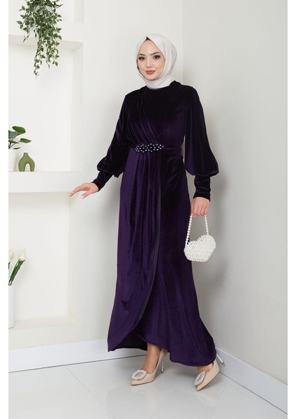 Kadın Giyim Abiye Moda Taş Tokalı Kadife Abiye Elbise 2533
