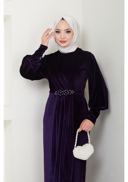 Kadın Giyim Abiye Moda Taş Tokalı Kadife Abiye Elbise 2533