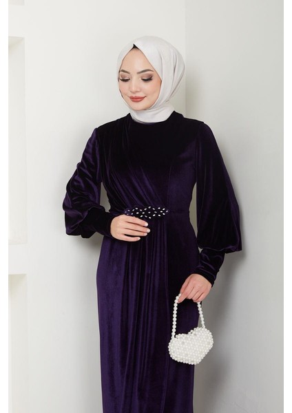 Kadın Giyim Abiye Moda Taş Tokalı Kadife Abiye Elbise 2533