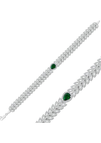 925 Ayar Gümüş Balık Model Yeşil Damla Taşlı Su Yolu Set
