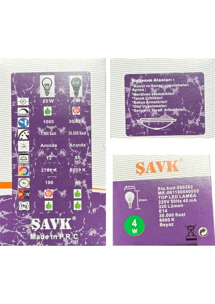 4W (25W) 6000K (Beyaz Işık) E14 Duylu LED Top Ampul (4 Adet)