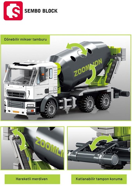 Sembo Block Zoomlion Lisanslı Mini Beton Mikseri 222 Parça Yapı Blokları LEGO ile Uyumlu (705100)