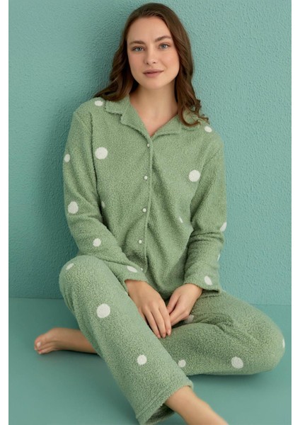Kadın Uzun Kol Önden Düğmeli Buklet Mint Pijama Takım C1T1N4O01-13