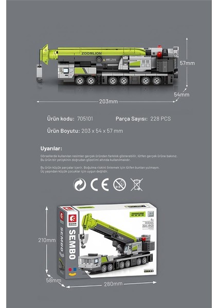 Sembo Block Zoomlion Lisanslı Mini Vinç 228 Parça Yapı Blokları LEGO ile Uyumlu (705101)