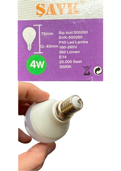 4W (40W) 3000K (Sarı Işık) E14 Duylu LED Top Ampul