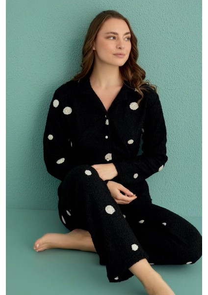 Kadın Uzun Kol Önden Düğmeli Buklet Siyah Pijama Takım C1T1N4O01-11