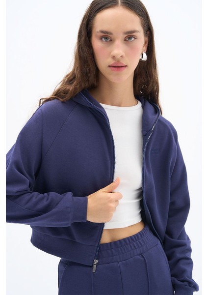 Zipper - Relaxed Fit Tam Boy Fermuarlı Kapüşonlu 3 Iplik Premium Örme Kumaş Lacivert Sweatshirt
