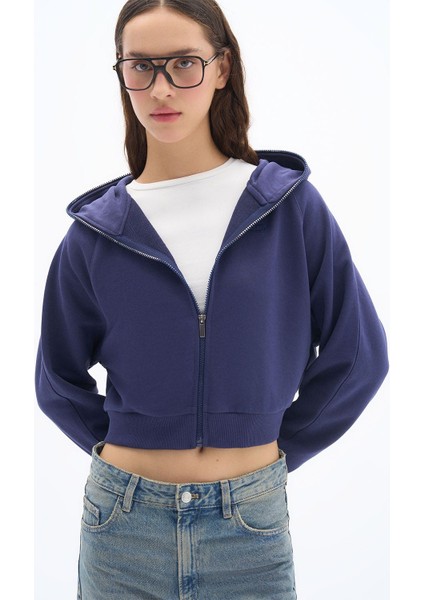 Zipper - Relaxed Fit Tam Boy Fermuarlı Kapüşonlu 3 Iplik Premium Örme Kumaş Lacivert Sweatshirt