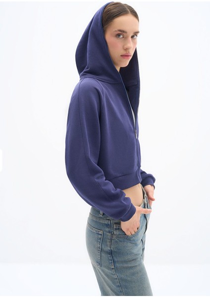 Zipper - Relaxed Fit Tam Boy Fermuarlı Kapüşonlu 3 Iplik Premium Örme Kumaş Lacivert Sweatshirt fiyatları