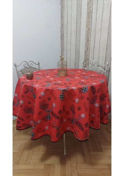 Yuvarlak,yılbaşı Desenli,duck (Sıvı Itici ,leke Tutmaz) Kumaş,masa Örtüsü