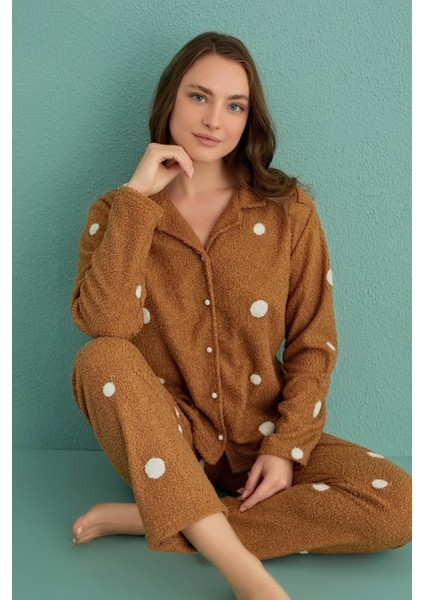 Kadın Uzun Kol Önden Düğmeli Buklet Kahverengi Pijama Takım C1T1N4O01-9