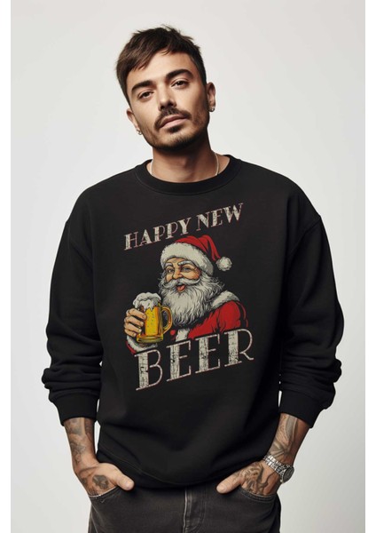 Siyah Sweat Happy New Beer Yeni Yıl Noel Merry Christmas Yılbaşı Sweet Bisiklet Yaka Sweatshirt