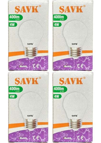 4W (40W) 6500K (Beyaz Işık) E27 Duylu LED Top Ampul (4 Adet)