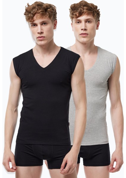 Erkek Siyah Gri 2 Li Paket V Yaka Iz Yapmayan Modal Kolsuz Atlet 064 2M064