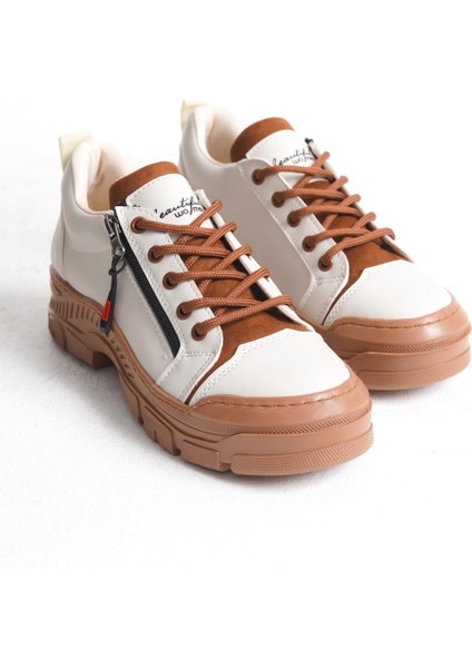 Kadın Bağcıklı Günlük Sneaker Dekoratif Fermuar Detaylı Yüksek Taban Spor Ayakkabı